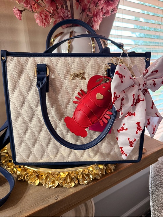Betsey Johnson Handbags - Betsy Johnson Quilted Cream & Navy Tote with Red Lobster Charm